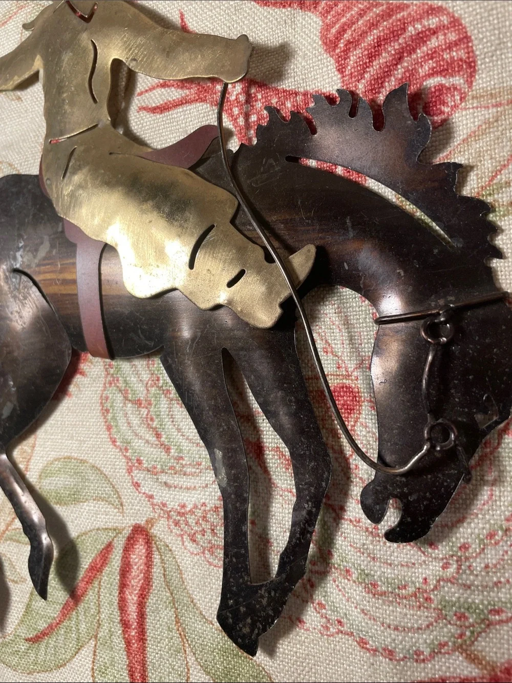 Cowboy on Bucking Horse Wall Art Brass and Dark Brown Western MCM Decor